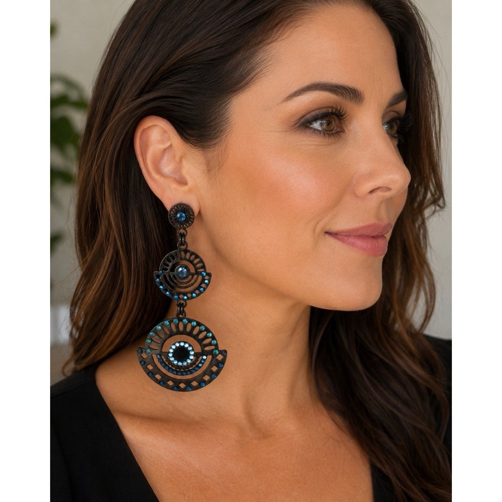 Leetal Kalmanson LK Designs Blue Crystal Black Statement Dangle Earrings